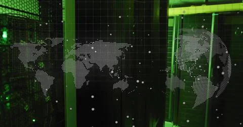 Displaying holographic dotted world map overlay at data center, with server Stock Photos