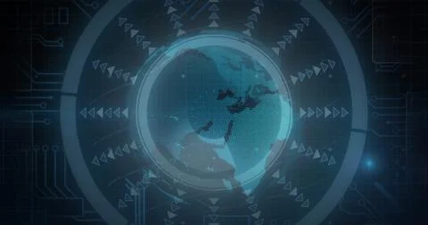 Displaying holographic Earth globe in data dashboard, with rings and arrows on Illustrazione stock