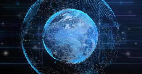 Displaying holographic Earth globe rotating in cyber HUD with nodes, numeric Stock Illustration