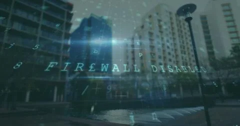 Displaying holographic FIREWALL DISABLED hovering above reflecting pool at urban Stock Photos