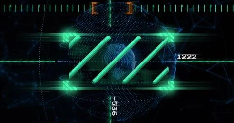 Displaying holographic frame in HUD with three diagonal bars over dotted globe Ilustração Stock