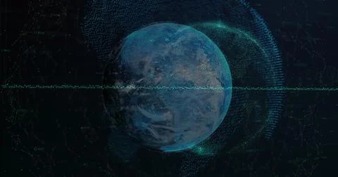 Displaying holographic globe glowing in data grid network, with waveform pulses Stock Illustration