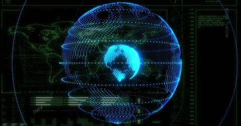 Displaying holographic globe with inner core and orbital rings on dashboard, Stock Photos