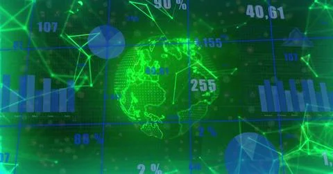 Displaying holographic globe with numeric overlays on virtual panel, showing Stock Illustration