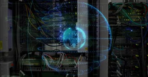 Displaying holographic globe overlaying server racks in data center, showing Stock Photos
