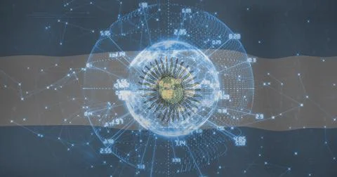 Displaying holographic globe projecting data network in virtual space, with sun Stock Illustration