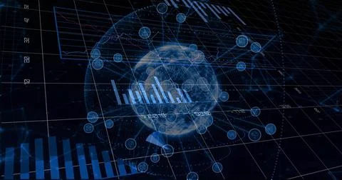Displaying holographic globe projecting data over 3D grid with axis ticks, node Stock Illustration