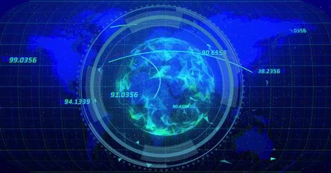 Displaying holographic globe rotating at command dashboard, showing HUD rings, Illustrazione stock