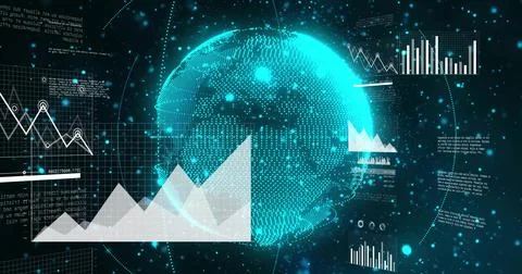 Displaying holographic globe rotating over digital grid, with area and line Stock Illustration