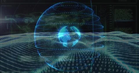 Displaying holographic globe rotating in virtual data dashboard, with binary 스톡 일러스트