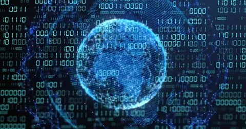 Displaying holographic globe rotating in virtual data space, with binary digits Illustration