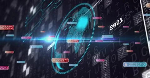 Displaying holographic globe rotating in virtual dashboard, showing dotted cyan Stock Photos