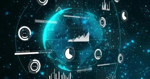 Displaying holographic globe showing data overlays on virtual dashboard, with Stock Illustration