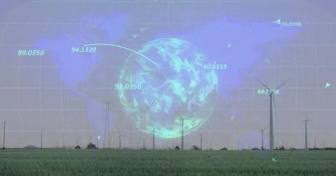 Displaying holographic globe showing numeric data flows over grass field with Stock Photos