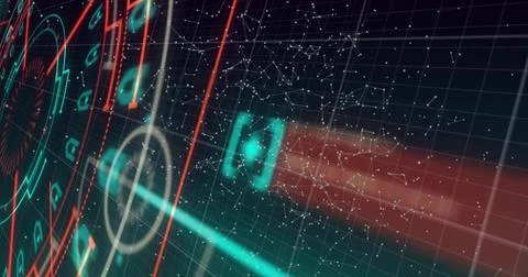 Displaying holographic HUD panel pulsing across virtual interface, with teal Stock Illustration