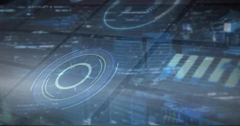 Displaying holographic interface above skyline at night, showing circular Illustrazione stock