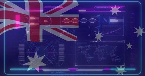 Displaying holographic interface on dark blue grid, with Australian flag pie Stock Photos