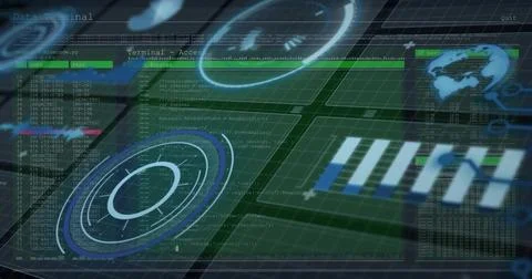 Displaying holographic interface filling virtual grid, showing green terminals, Stock Illustration