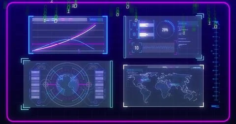 Displaying holographic interface floating in console, with line graph, binary Stock Photos