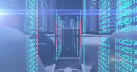 Displaying holographic interface floating in high-tech control room, with data Stock Photos