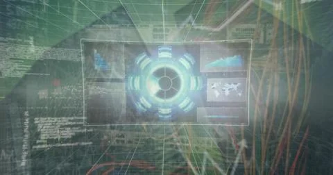 Displaying holographic interface floating over grid plane, with glowing blue hub 스톡 사진