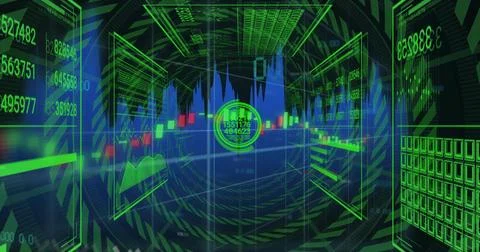 Displaying holographic interface moving through data tunnel, with candlestick 스톡 일러스트