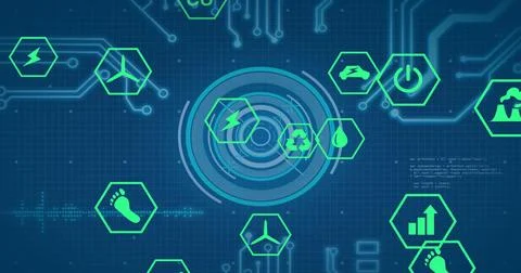 Displaying holographic interface over digital dashboard, with recycling and Stock Illustration