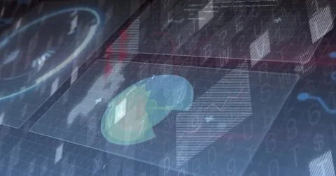 Displaying holographic interface panel in analytics dashboard, with pie chart Stock Photos