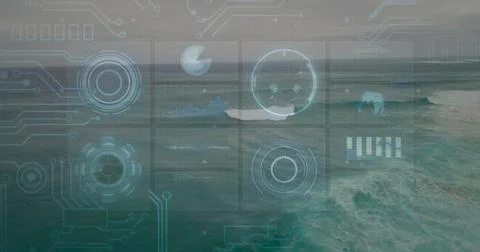 Displaying holographic interface panels floating above open sea, with data Stock Photos