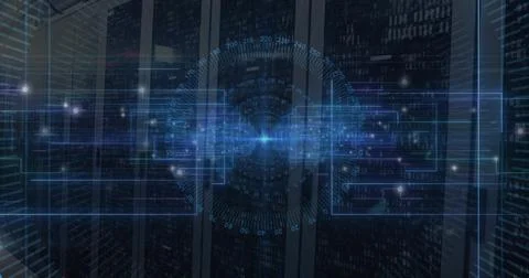 Displaying holographic interface projecting binary code in data center, with Illustrazione stock