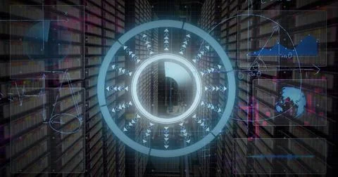 Displaying holographic interface projecting in server corridor, with LED lights Stock Photos