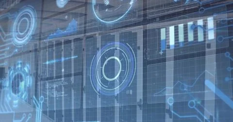 Displaying holographic interface scanning data center corridor, with circular 스톡 사진