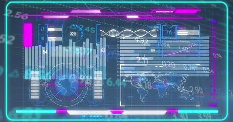Displaying holographic interface showing bar charts and world map in control Stock Photos