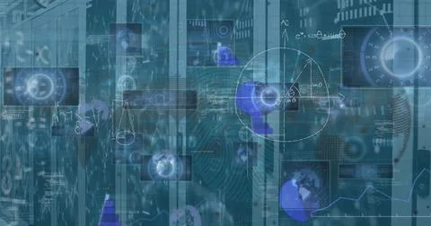 Displaying holographic interface showing code flow, network nodes over server Stockfoto's