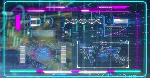 Displaying holographic interface showing data in data lab with world map, globe Stock Photos