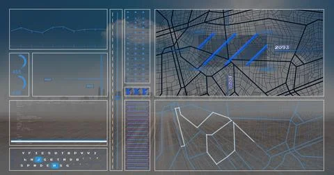 Displaying holographic interface showing line charts, route paths, readout 2093 Stockfoto's