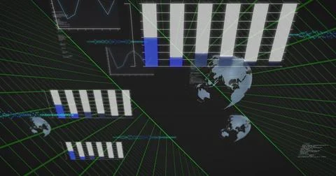 Displaying holographic interface in space featuring green grid lines data charts Stock Illustration