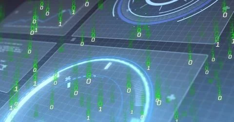 Displaying holographic interface streaming binary code on dark grid, with 库存照片