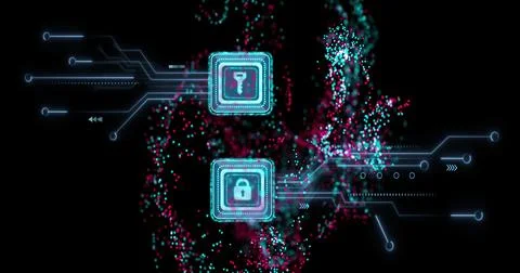 Displaying holographic key and padlock icons floating in digital space, with Stock Illustration