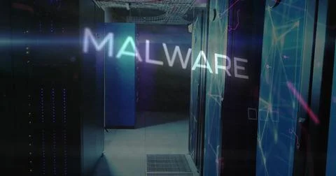 Displaying holographic MALWARE over data center aisle, showing server racks, Stock Photos