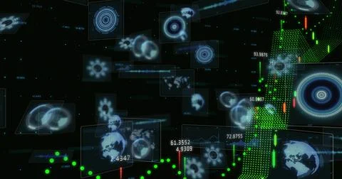 Displaying holographic map panels floating in virtual dashboard, with green 스톡 일러스트