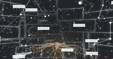 Displaying holographic network visualization on dark console, showing floatin Stock Illustration