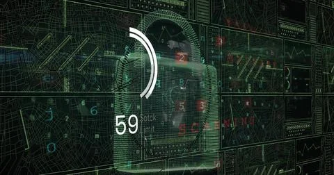 Displaying holographic padlock scanning security panel center, with gauge, Stock Photos