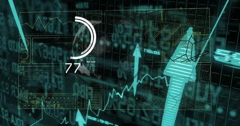Displaying holographic panel in digital workspace, with line graph and circular Illustrazione stock
