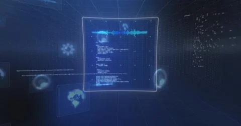 Displaying holographic panel floating in VR data space showing code waveform Stock Photos