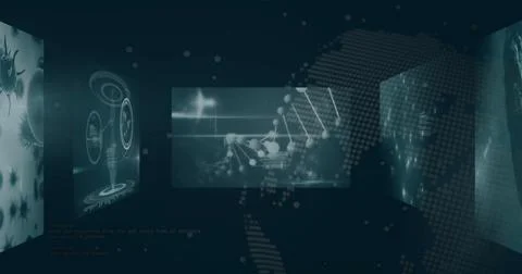 Displaying holographic panel projecting molecular network nodes in virtual lab, Stock Illustration