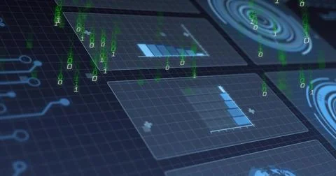 Displaying holographic panels floating over dark blue grid plane, streaming Stock Illustration