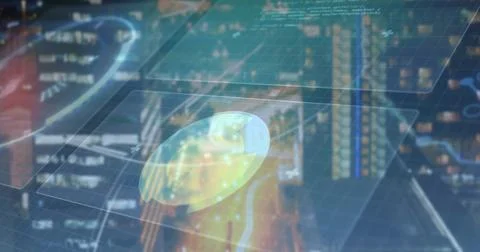 Displaying holographic panels loading in virtual dashboard, with code windows Stock Illustration