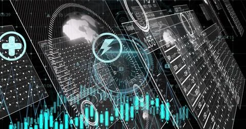 Displaying holographic panels in virtual interface, featuring digital globe and Stock Illustration