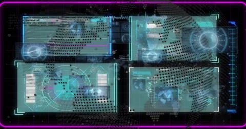 Displaying holographic quad panels centered on dark console, with world map, Stock Illustration